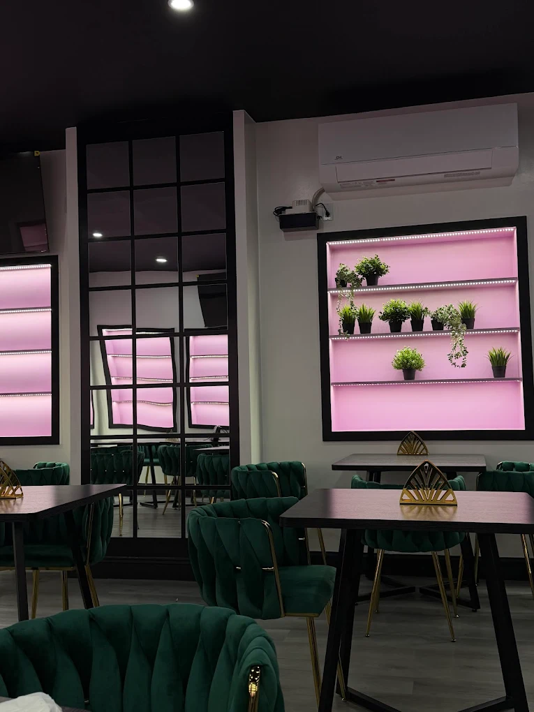 Pink-lit plant shelves and emerald velvet chairs inside Café Mia, Bushwick Brooklyn
