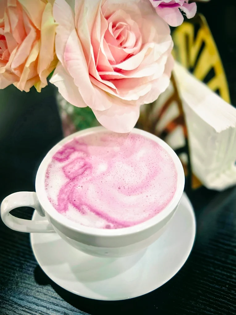 Rose matcha latte at Café Mia, Bushwick — known for matcha